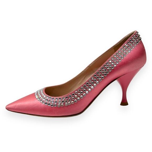 Miu Miu Calzature Donna Crystal Embellished Satin Heels Pumps Rose Pink SZ 36.5 - Picture 7 of 12